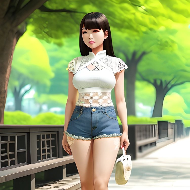 asian_woman_in_a_park_wearing_a_white_conservative_crochet_and_lace_top_and_denim_gene_shorts (7).jpg